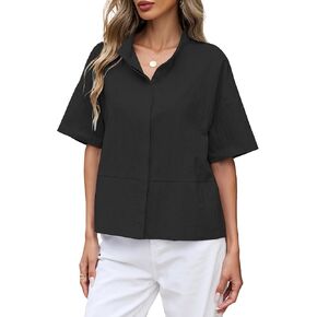 SCOFEEL Women Casual Button Down Shirts Oversized Short Sleeve Stand Collar Tops 2026 Work Blouses Summer Travel Outfits in Saudi Arabia