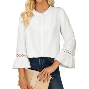 Nlife Womens Boho Ruffle Collar Business Casual Blouse Pure Cotton Tops Lace Trim 3/4 Bell Sleeves Office Botton Shirts in Kuwait