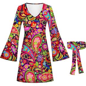 ملابس هيبي للسيدات فستان كلاسيكي من السبعينيات مع عصابة رأس لحفلات الهالوين in Kuwait