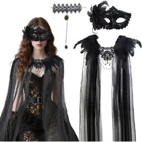 عباءة نسائية من الريش القوطي حزمة من 3 أساور قناع من التول مع ياقة من الريش، عباءة مصاصي الدماء، عباءة ساحرات، كيب كوسبلاي لكرنفال الهالوين in Kuwait