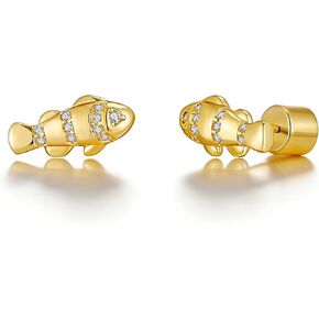 Dainty Stud Earrings for Women 14K Gold Plated Trendy Fish Studs Cubic Zirconia Minimalist Small Earrings Hypoallergenic Jewelry Gift in Kuwait