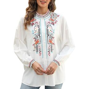 Grosy Long Sleeve Traditional Mexican Peasant Blouses for Women Embroidered Boho Tops Button Down Shirts Casual, Fiesta in Kuwait