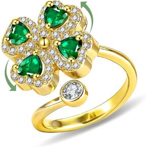 خاتم البرسيم ذو الأربع أوراق دوارة على شكل قلب للنساء، خاتم زمرد مطلي بالذهب عيار 14 قيراط قابل للتعديل مع زركونيا مكعب، هدية مجوهرات محظوظة in Kuwait