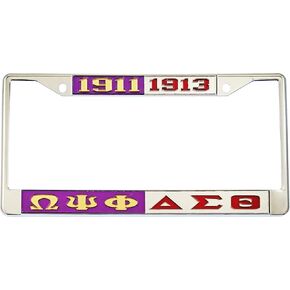 Omega Psi/Ψ Phi + Delta Sigma/Σ Theta Split License Plate Frame [Silver Standard Frame - Purple/Gold/Silver/Red - Car/Truck] - ID#32384 in Kuwait