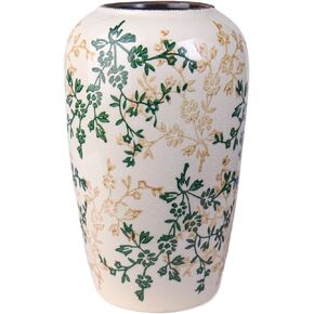 مزهرية سيراميك متوسطة الحجم مرسومة يدويًا مقاس 8.5 بوصة - نباتات خضراء وأزهار صفراء، طلاء زجاجي مشقق وحافة عتيقة، أعمال فنية مستوحاة من الصين in Kuwait