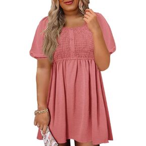 Beautife Women's Plus Size Smocked Summer Dress Casual Button Puff Sleeve Scoop Neck A-Line Beach Mini Dress in Kuwait