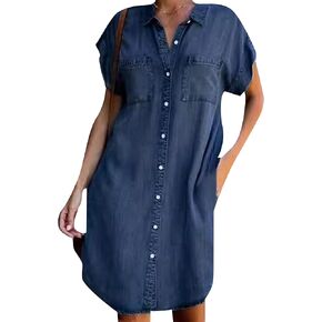 فستان جينز صيفي للسيدات من GORIFE بياقة على شكل حرف V متوسط ​​الطول كاجوال مع جيوب in Kuwait