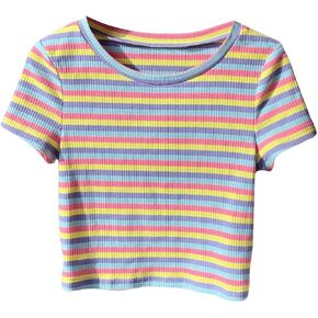 WDIRARA Women's Colorful Striped Short Sleeve Tee Shirt Y2k Crewneck Ribbed Knit Crop Tops in Kuwait
