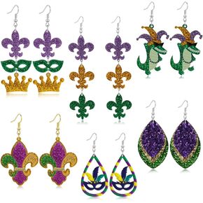 Mardi Gras Earrings Set for Women - Classy Purple Green Gold Drop Dangle Jewelry, Carnival Outfit Costume Jewelry Accessories Gifts in Kuwait