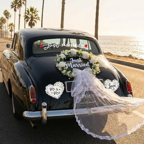 مجموعة تزيين السيارة Just Married - إكليل الزهور الأبيض مع تول من الدانتيل المتتالي، علامة Just Married ثلاثية الأبعاد، السيد والسيدة المغناطيسية وقلوب الحب، شارات النوافذ - ديكور أنيق للسيارة المهرب، الاحتفال in Kuwait
