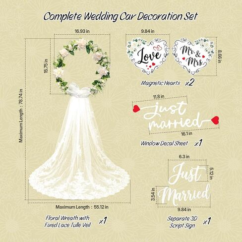 مجموعة تزيين السيارة Just Married - إكليل الزهور الأبيض مع تول من الدانتيل المتتالي، علامة Just Married ثلاثية الأبعاد، السيد والسيدة المغناطيسية وقلوب الحب، شارات النوافذ - ديكور أنيق للسيارة المهرب، الاحتفال in Kuwait