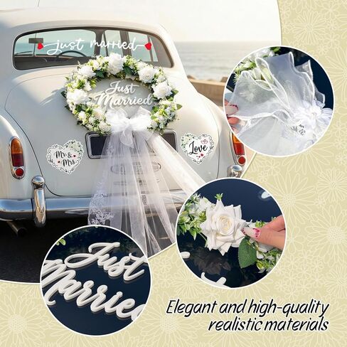 مجموعة تزيين السيارة Just Married - إكليل الزهور الأبيض مع تول من الدانتيل المتتالي، علامة Just Married ثلاثية الأبعاد، السيد والسيدة المغناطيسية وقلوب الحب، شارات النوافذ - ديكور أنيق للسيارة المهرب، الاحتفال in Kuwait