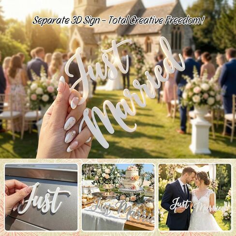 مجموعة تزيين السيارة Just Married - إكليل الزهور الأبيض مع تول من الدانتيل المتتالي، علامة Just Married ثلاثية الأبعاد، السيد والسيدة المغناطيسية وقلوب الحب، شارات النوافذ - ديكور أنيق للسيارة المهرب، الاحتفال in Kuwait