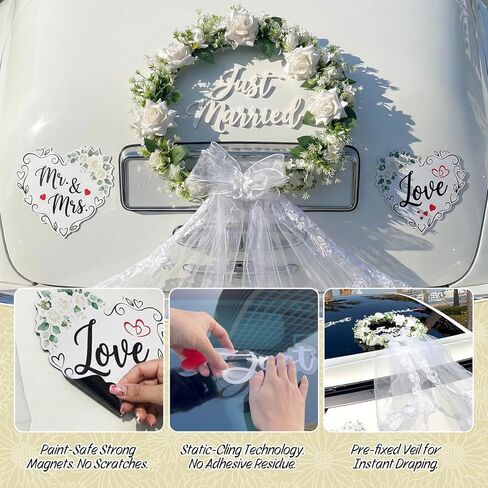 مجموعة تزيين السيارة Just Married - إكليل الزهور الأبيض مع تول من الدانتيل المتتالي، علامة Just Married ثلاثية الأبعاد، السيد والسيدة المغناطيسية وقلوب الحب، شارات النوافذ - ديكور أنيق للسيارة المهرب، الاحتفال in Kuwait