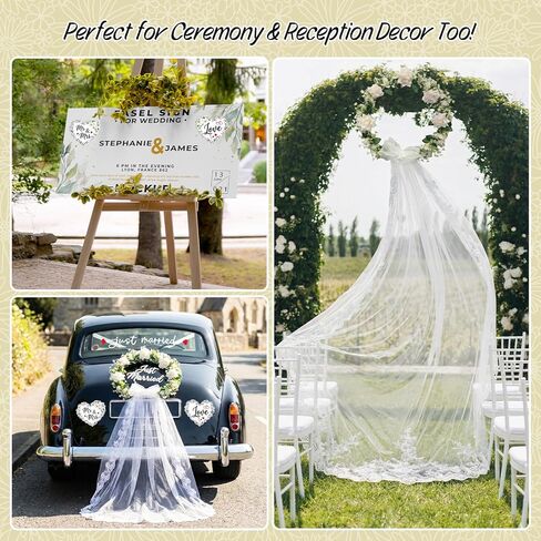 مجموعة تزيين السيارة Just Married - إكليل الزهور الأبيض مع تول من الدانتيل المتتالي، علامة Just Married ثلاثية الأبعاد، السيد والسيدة المغناطيسية وقلوب الحب، شارات النوافذ - ديكور أنيق للسيارة المهرب، الاحتفال in Kuwait