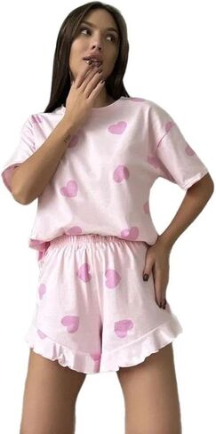 Cute Pink Heart-shaped Pajamas, Casual Women's Home Clothes, Pajamas Shorts Two-piece Loose And Comfortable Set in Saudi Arabia
