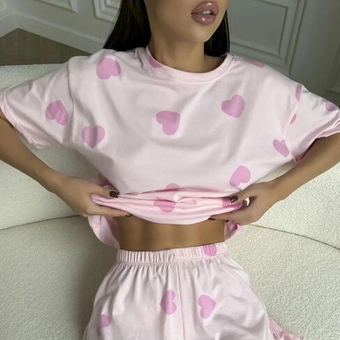 Cute Pink Heart-shaped Pajamas, Casual Women's Home Clothes, Pajamas Shorts Two-piece Loose And Comfortable Set in Saudi Arabia