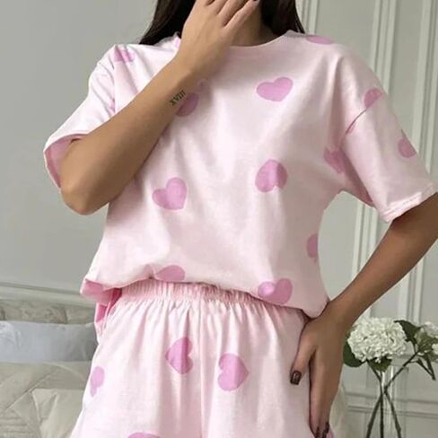 Cute Pink Heart-shaped Pajamas, Casual Women's Home Clothes, Pajamas Shorts Two-piece Loose And Comfortable Set in Saudi Arabia