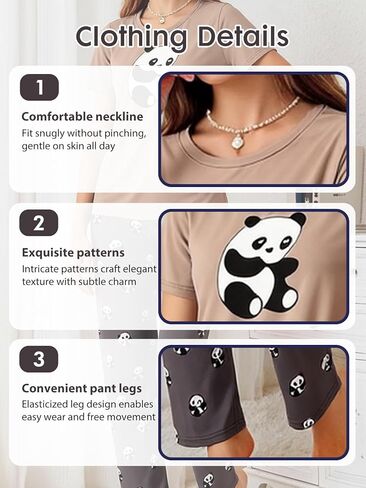 Women's Pajama Set, 2 Piece Panda Print Sleepwear, Short Sleeve Top and Pants Lounge Set, Soft Stretch Homewear Outfit in Saudi Arabia