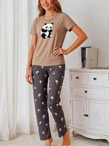 Women's Pajama Set, 2 Piece Panda Print Sleepwear, Short Sleeve Top and Pants Lounge Set, Soft Stretch Homewear Outfit in Saudi Arabia