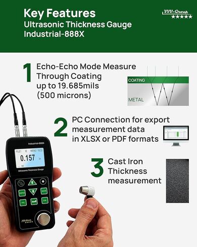 Ultrasonic Thickness Gauge Industrial-888X Echo-Echo Mode Measure Through Coating up to 19.685mils (500 microns) / Cast Iron Thickness Measurement/PC Connection in Kuwait
