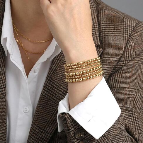 7 قطع أساور ذهبية للنساء، سوار ذهبي مرن قابل للتمدد من الخرز على شكل كرة قابل للتعديل مجوهرات بوهيمية عصرية لهدايا الإكسسوارات in Kuwait