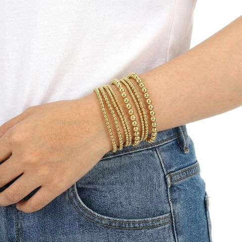 7 قطع أساور ذهبية للنساء، سوار ذهبي مرن قابل للتمدد من الخرز على شكل كرة قابل للتعديل مجوهرات بوهيمية عصرية لهدايا الإكسسوارات in Kuwait