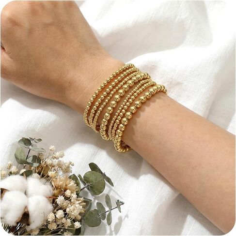 7 قطع أساور ذهبية للنساء، سوار ذهبي مرن قابل للتمدد من الخرز على شكل كرة قابل للتعديل مجوهرات بوهيمية عصرية لهدايا الإكسسوارات in Kuwait
