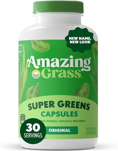 Amazing Grass Greens Blend Superfood Capsules: Super Greens with Organic Spirulina, Chlorella, Beet Root Powder, Digestive Enzymes & Probiotics, 150 Capsules (Packaging May Vary) in Kuwait