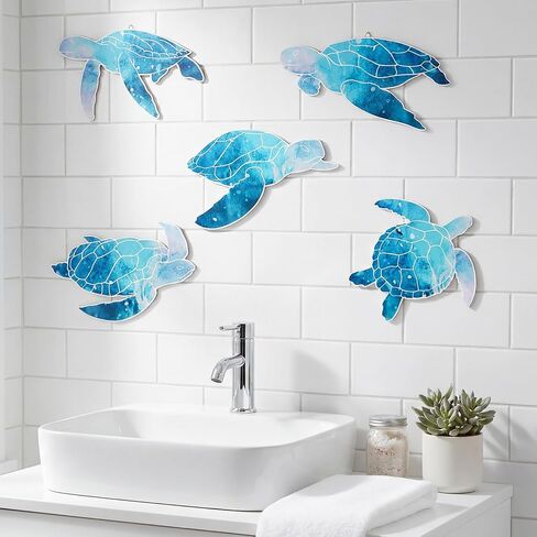 مجموعة من 5 قطع من ديكورات الحائط الخشبية على شكل سلحفاة البحر من ForraFun - ديكورات جدارية على شكل سلحفاة ساحلية عتيقة على شكل سلحفاة بحرية على الشاطئ مع خطافات للحمام والمنزل ومنزل البحيرة وحمام السباحة والأماكن الداخلية والخارجية in Kuwait
