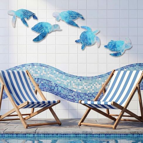مجموعة من 5 قطع من ديكورات الحائط الخشبية على شكل سلحفاة البحر من ForraFun - ديكورات جدارية على شكل سلحفاة ساحلية عتيقة على شكل سلحفاة بحرية على الشاطئ مع خطافات للحمام والمنزل ومنزل البحيرة وحمام السباحة والأماكن الداخلية والخارجية in Kuwait