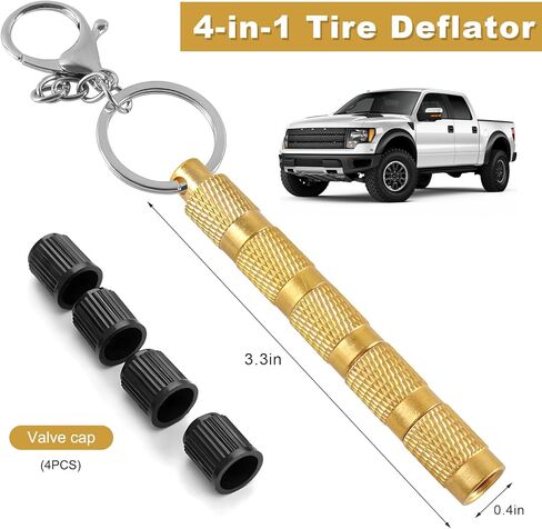 Tire Deflator, 4 in 1 Brass Tire Air Pressure Deflation Valve Kit with Keychain & Valve Caps, Portable Tyre Pressure Relief Device Air Down Tools for Offroad Vehicles in Kuwait