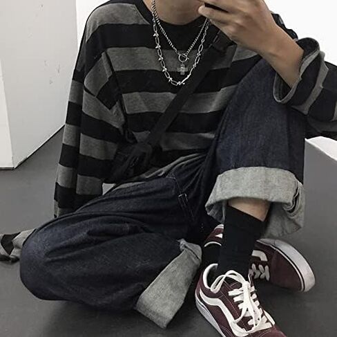 Unisex Harajuku Oversized Stripe T Shirts Long Sleeve Crew Neck Casual Y2K Emo Grunge Streetwear Pullover in Saudi Arabia