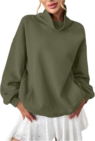 Womens Fleece Oversized Sweatshirts with Pocket Turtleneck Pullover Shirts Loose Fit Casual Long Sleeve Fall Tops in Saudi Arabia