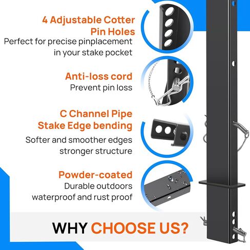 30 in 4 Pcs Adjustable C Channel Pipe Stake for Flatbed Trailer Hauler with Anti-Loss Cord, Flatbed Trailer Stake Pocket D Ring,Trailer Stake Side Rail Black in Kuwait