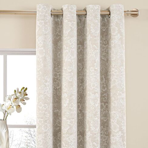 Dusty Beige Floral Jacquard Blackout Curtains 84 Inch Length 2 Panels, Chenille Heavyweight Window Drapes, Thermal Insulated 95% Room Darkening Grommet Curtains for 52" W x 84" L inch in Saudi Arabia