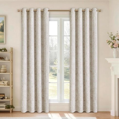 Dusty Beige Floral Jacquard Blackout Curtains 84 Inch Length 2 Panels, Chenille Heavyweight Window Drapes, Thermal Insulated 95% Room Darkening Grommet Curtains for 52" W x 84" L inch in Saudi Arabia