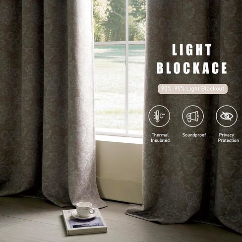 Dusty Beige Floral Jacquard Blackout Curtains 84 Inch Length 2 Panels, Chenille Heavyweight Window Drapes, Thermal Insulated 95% Room Darkening Grommet Curtains for 52" W x 84" L inch in Saudi Arabia