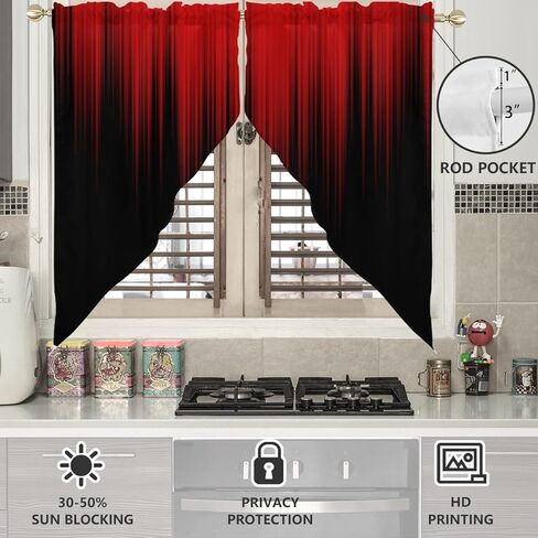 AAtter Red Kitchen Valance Curtain for Window Black Gothic Ombre Modern Dark Goth Abstract Small Short Swag Topper Bathroom Living Room Bedroom Rod Pocket Drapes Fabric 1 Pair, 28" W x 36" L, Anime in Kuwait