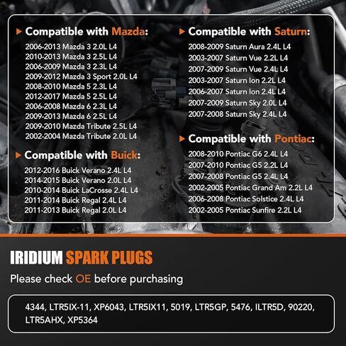 4 Pack Iridium Spark Plugs 4344 Fit for 2006-2013 Mazda 3 Mazda 6 Chevy Colorado Cobalt Equinox Malibu HHR Ford Fusion Escape Saturn Sky Buick Verano GMC Terrain 2.0L-2.9L Replaces LTR5IX-11 in Saudi Arabia