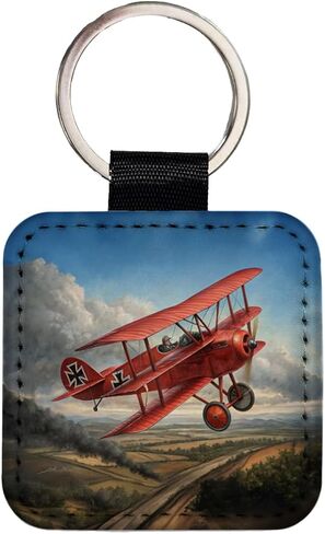 Red Baron's WWI Fokker Triplane Square Faux Leather Keychain in Kuwait