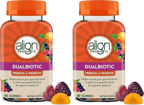Align DualBiotic، البريبايوتيك + البروبيوتيك للنساء والرجال، يساعد على تغذية وإضافة البكتيريا الجيدة لدعم الجهاز الهضمي، نكهات الفاكهة الطبيعية، 90 علكة in Kuwait
