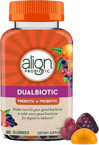 Align DualBiotic, Prebiotic + Probiotic for Women and Men, Help Nourish and Add Good Bacteria for Digestive Support, Natural Fruit Flavors, 90 Gummies in Kuwait