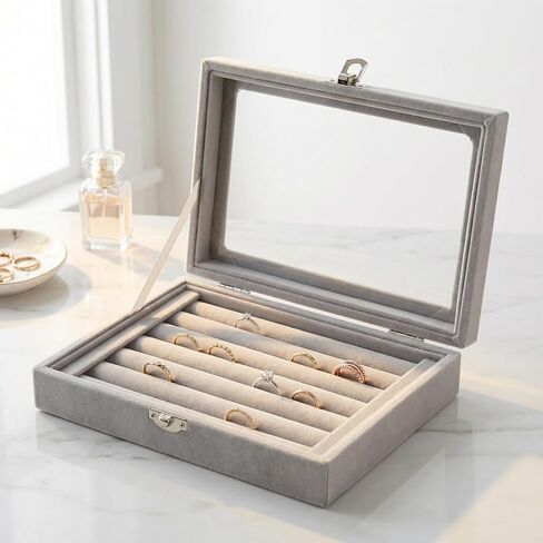 Rings Organizer Tray, Velvet Jewelry Storage Box with Transparent Lid and 7 Slots for Rings Earrings and Small Jewelry Display, Gray in Saudi Arabia