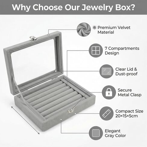 Rings Organizer Tray, Velvet Jewelry Storage Box with Transparent Lid and 7 Slots for Rings Earrings and Small Jewelry Display, Gray in Saudi Arabia