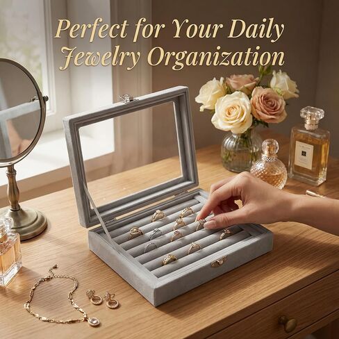 Rings Organizer Tray, Velvet Jewelry Storage Box with Transparent Lid and 7 Slots for Rings Earrings and Small Jewelry Display, Gray in Saudi Arabia