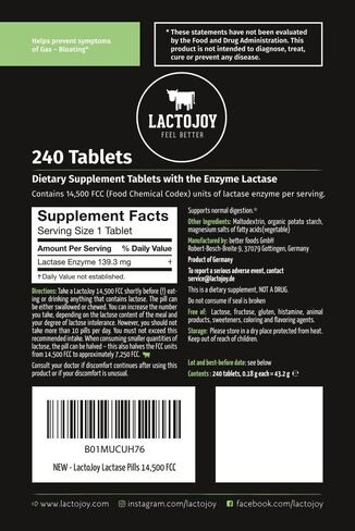 LactoJoy Lactase Pills I 240 Pieces Refill Package I Powerful Lactase Enzymes for Lactose Intolerance I Ultra Pure Lactase for Improved Digestion I 100% Vegan in Kuwait