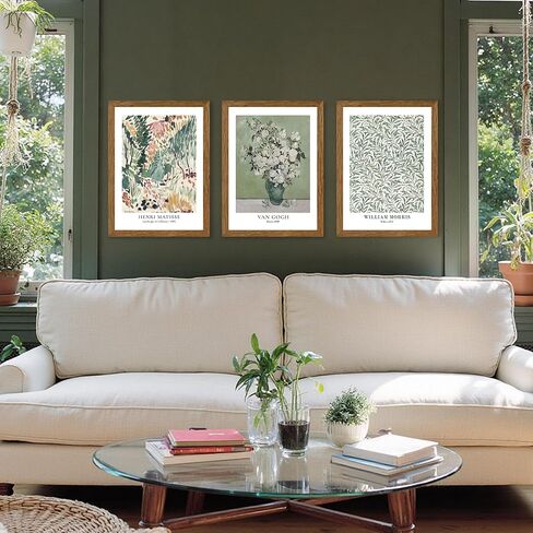 JLTULT 3 Piece Vintage Sage Green Canvas Wall Art, Van Gogh Matisse Wall Decor, Botanical Painting Artwork Prints for Living Room Bedroom Home Office 12X16 inch Wood Framed Easy to Hang in Saudi Arabia