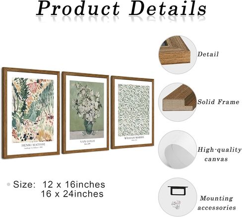 JLTULT 3 Piece Vintage Sage Green Canvas Wall Art, Van Gogh Matisse Wall Decor, Botanical Painting Artwork Prints for Living Room Bedroom Home Office 12X16 inch Wood Framed Easy to Hang in Saudi Arabia