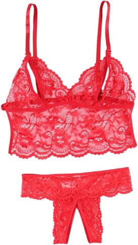 Floral Lace Unlined Bra and Thong Set - 2 Piece Sheer Sexy Lingerie for Women, Wirefree Bralette & Matching Panties in Kuwait